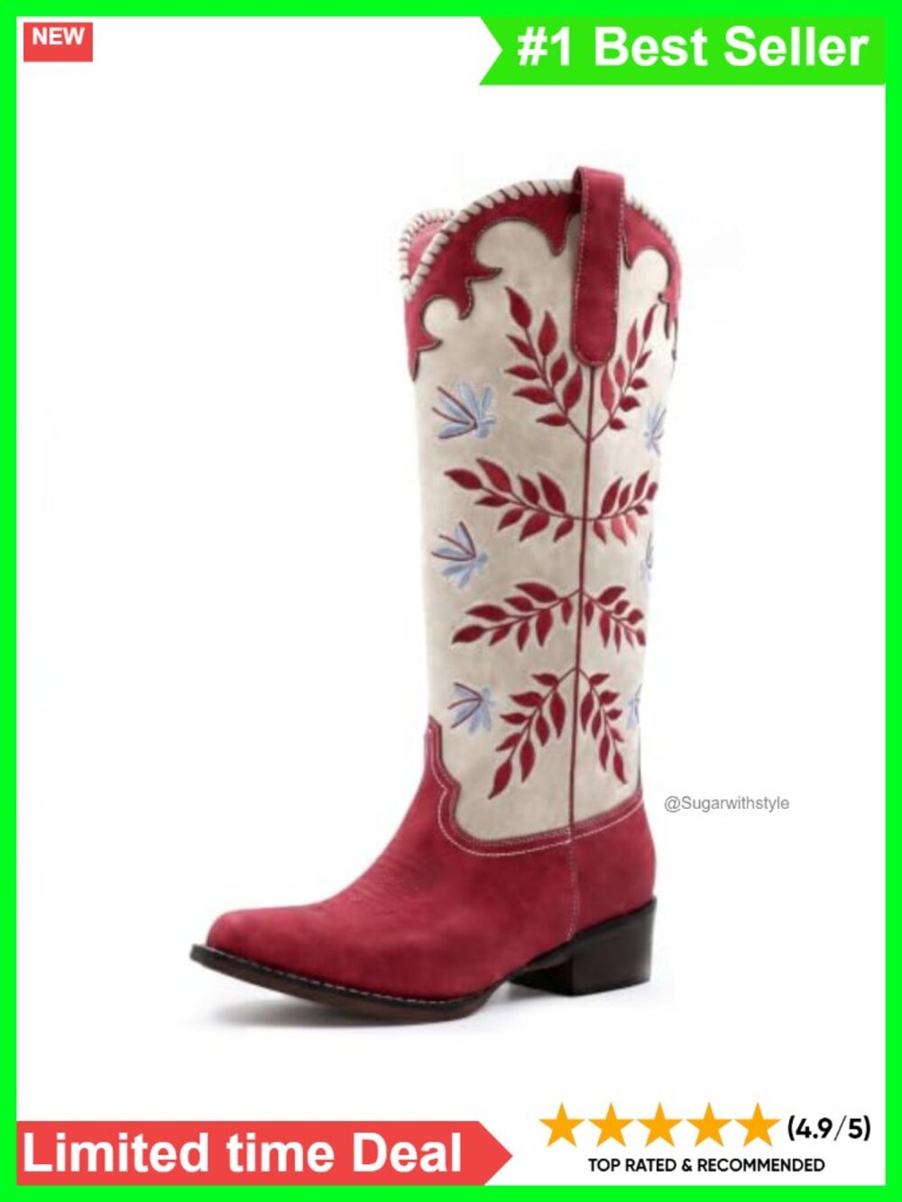 Women's Cowboy Boots Leaf Embroidered Knee High Round Toe Chunky Heel Western